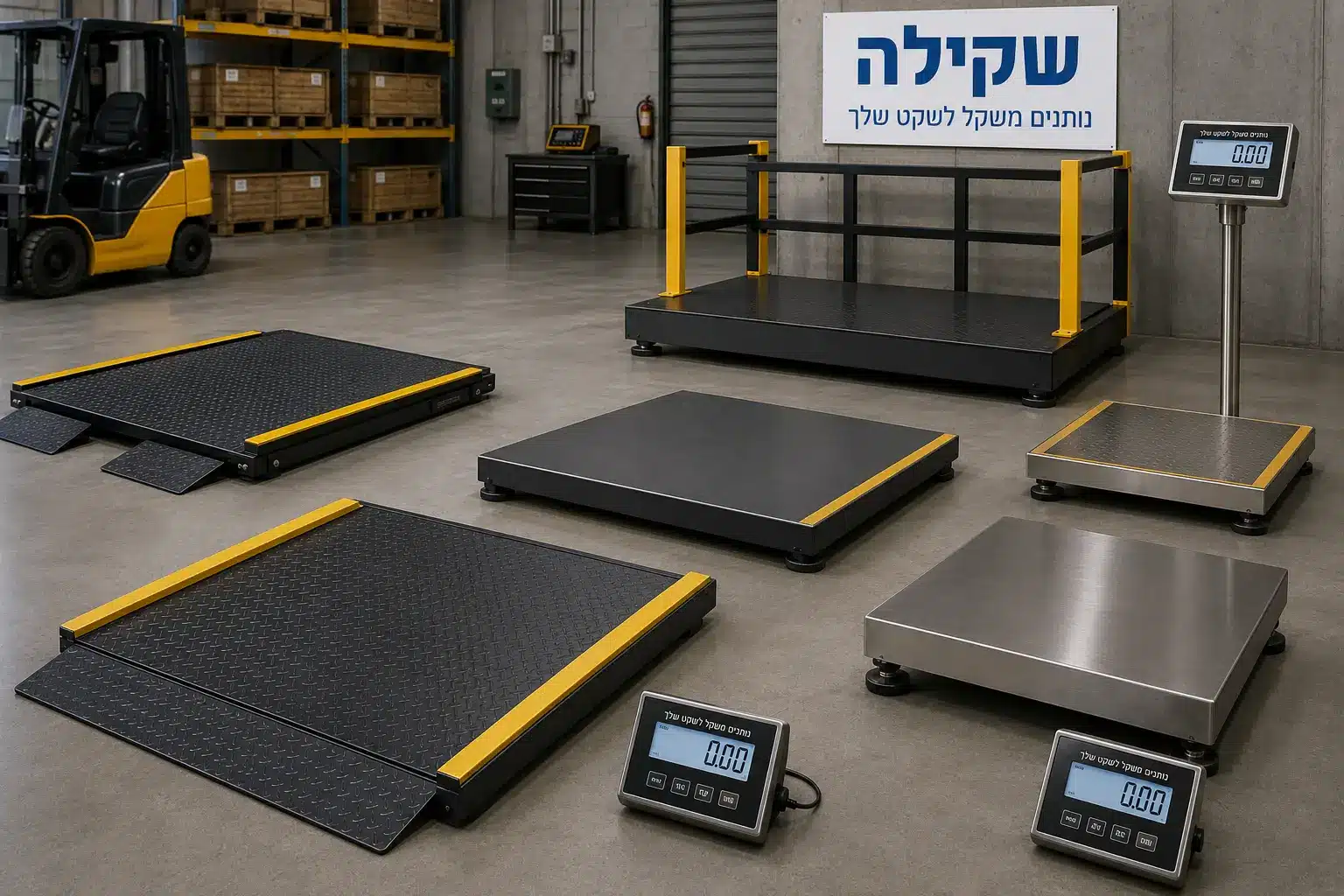 משטחי שקילה שונים על רקע תעשייתי.